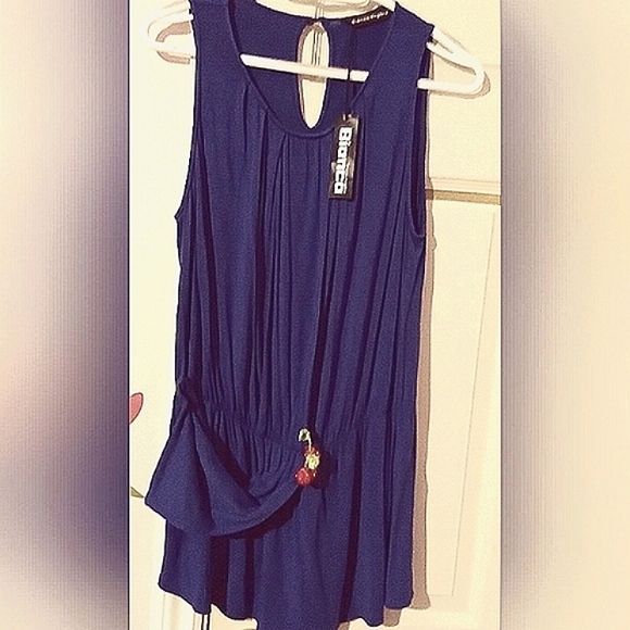 BIANCA Nygard🦋 Rare Blue Rayon Sleeveless Blouse with Unique Long Pleated Tie - Picture 5 of 11